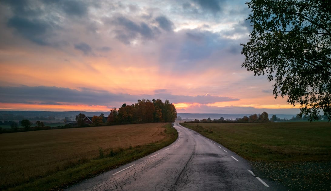 Estrada aberta entre campos ao amanhecer, símbolo da liberdade de ir e vir